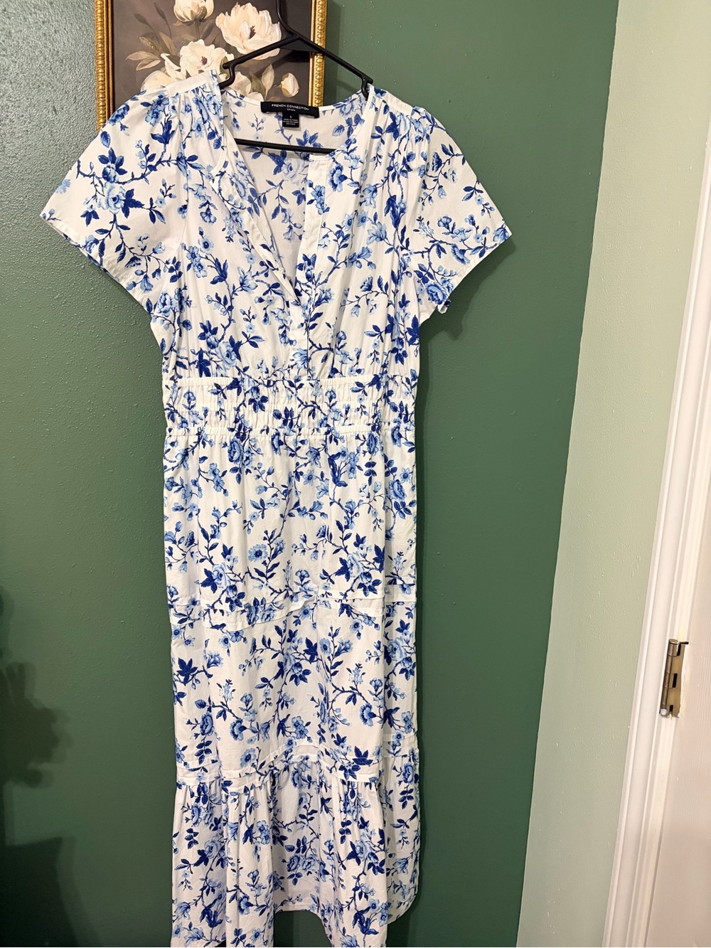 French Connection White Midi Dress with Blue Floral Print